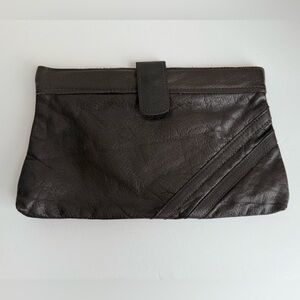 Vintage 70s 80s Brown Leather Clutch Retro Snap Closure Hong Kong